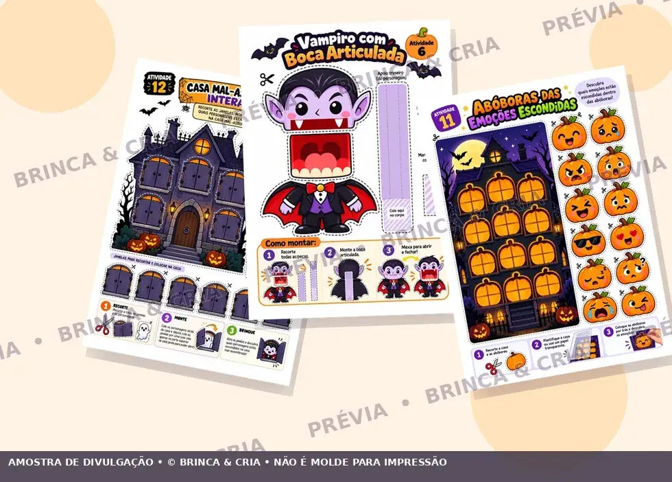 Páginas reais do kit Halloween apresentadas em mockup
